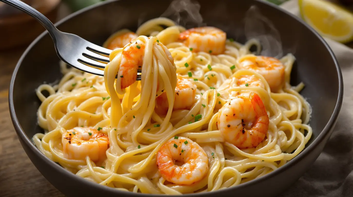 Linguine aux poireaux, crème onctueuse et crevettes vraiment gourmandes Linguine aux poireaux, crème onctueuse et crevettes vraiment gourmandes