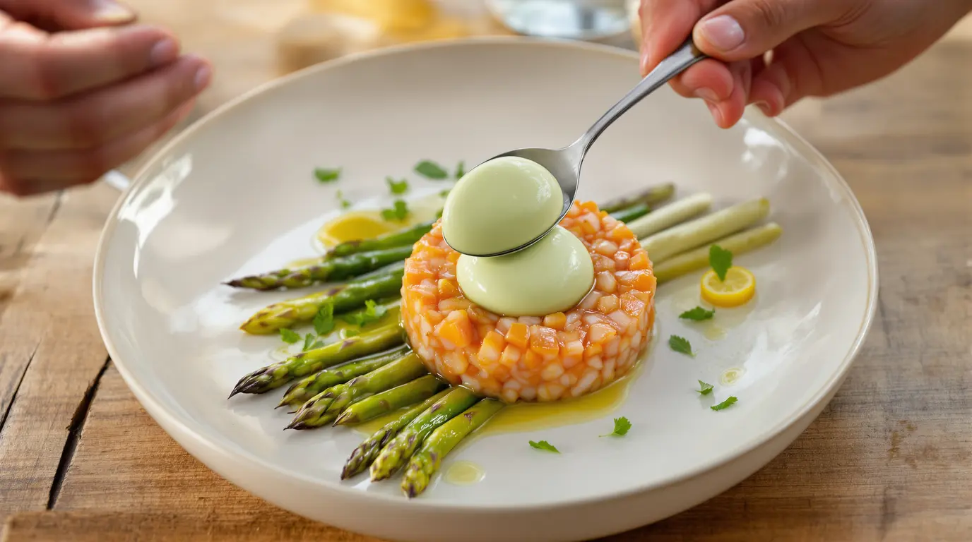 Tartare de saumon et glace aux asperges vertes : la recette fraiche et elegante de saison Tartare de saumon et glace aux asperges vertes : la recette fraiche et elegante de saison