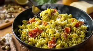 J’ai goûté ces pâtes au pesto de pistaches une fois, et depuis je les refais chaque semaine